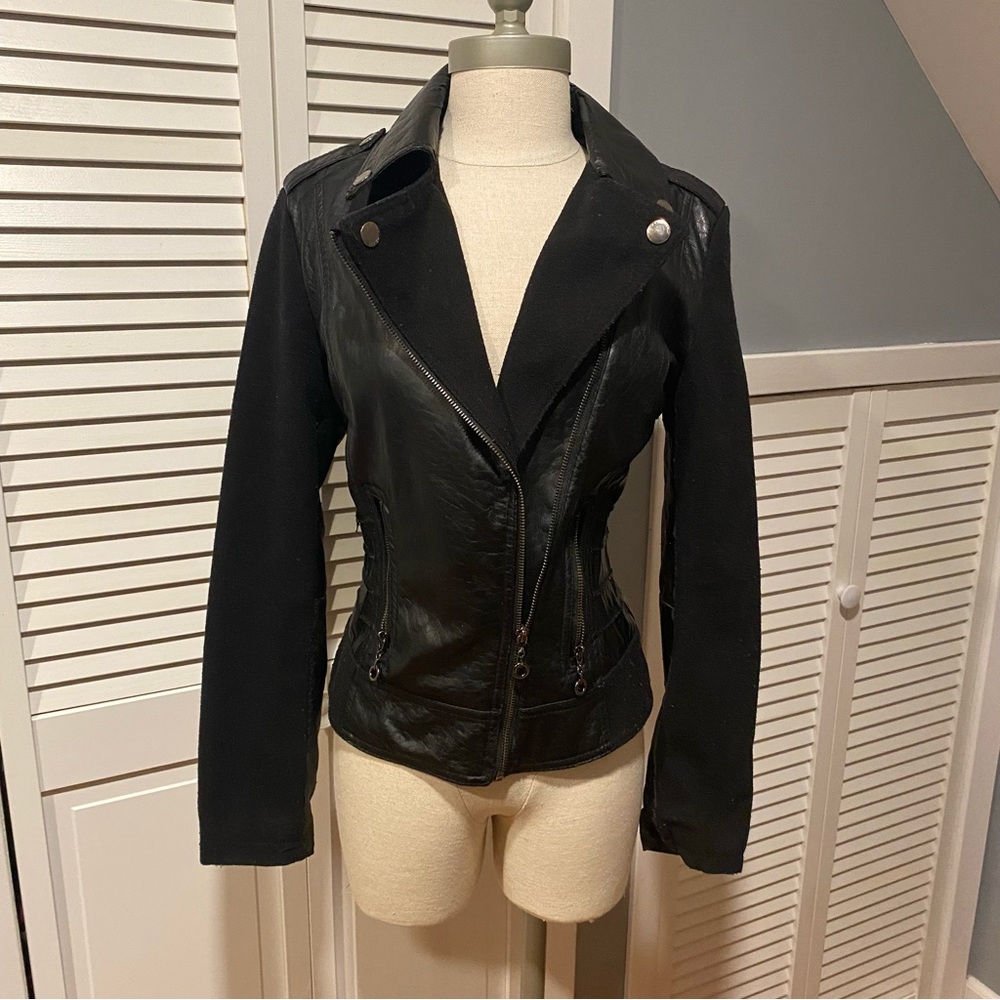 Womens Black Edgy Leather Zip-Up Jacket (S)